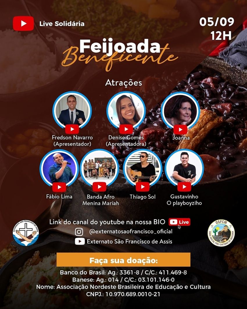 Artistas vão comandar Live da 'Feijoada Beneficente' do Externato São Francisco