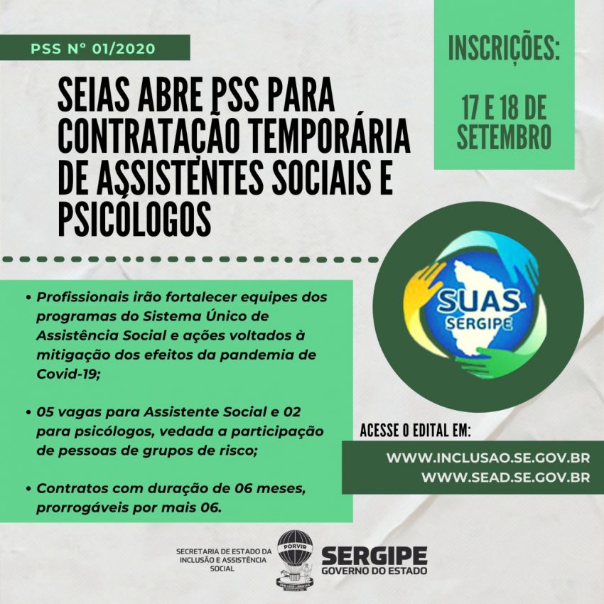 Secretaria de Estado da Inclusão abre PSS para contratação temporária de Assistentes Sociais e Psicólogos